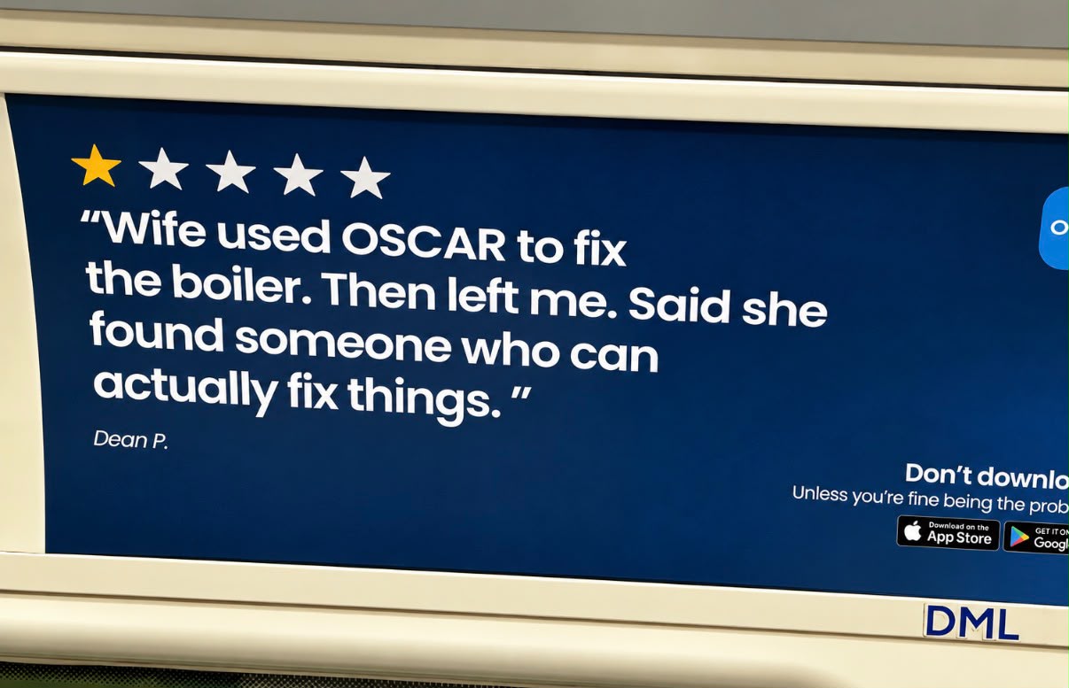 OSCAR review-style advert on a London Underground Tube car panel, showing a one star rating and the quote 'Wife used OSCAR to fix the boiler. Then left me. Said she found someone who can actually fix things.'