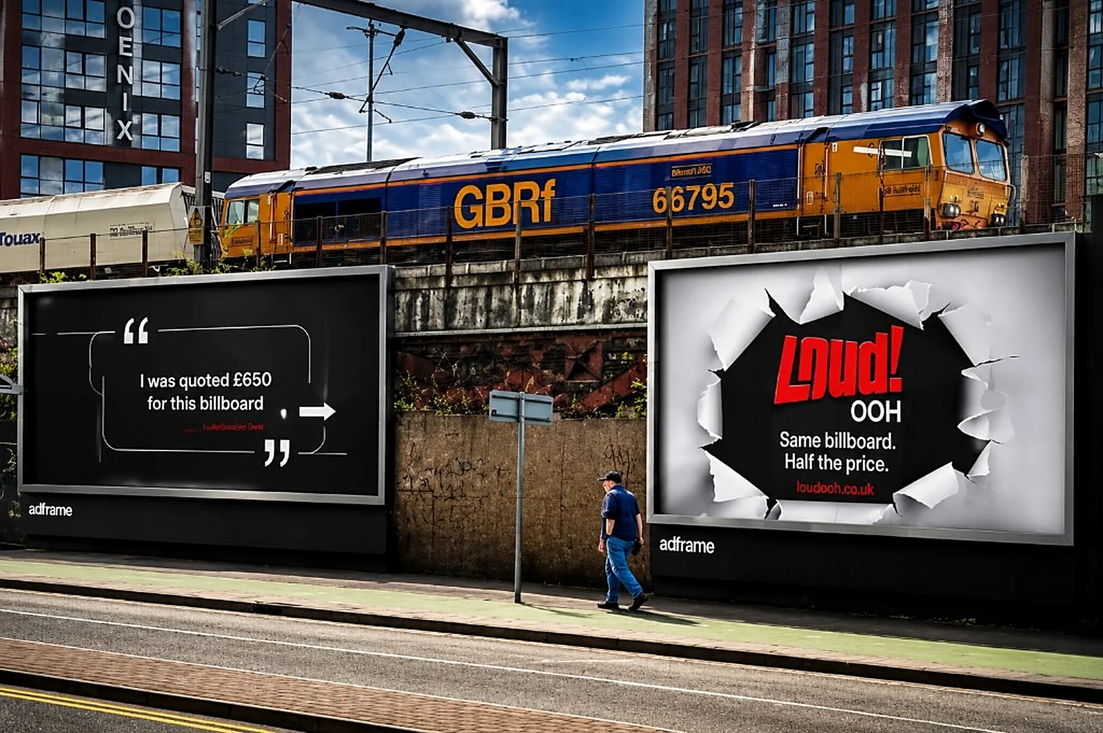 Loud! OOH’s two 48-sheet billboards on York Street, Leeds: “I was quoted £650 for this billboard” beside “Same billboard. Half the price.”